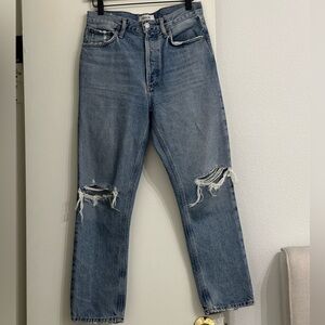 Agolde Blue Straight Leg Jeans with Distressed Details